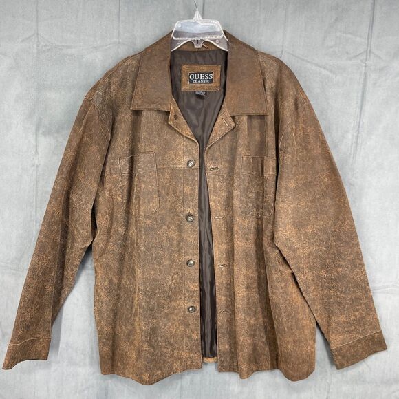 Vtg Guess Classic Leather Jacket Mens XL Brown Button Up Collared Western Cowboy - Picture 1 of 12